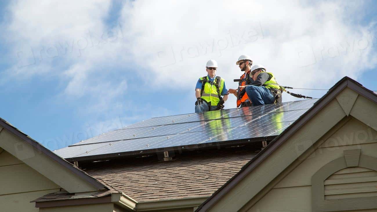 Installers mounting solar panels on a pitched home roof